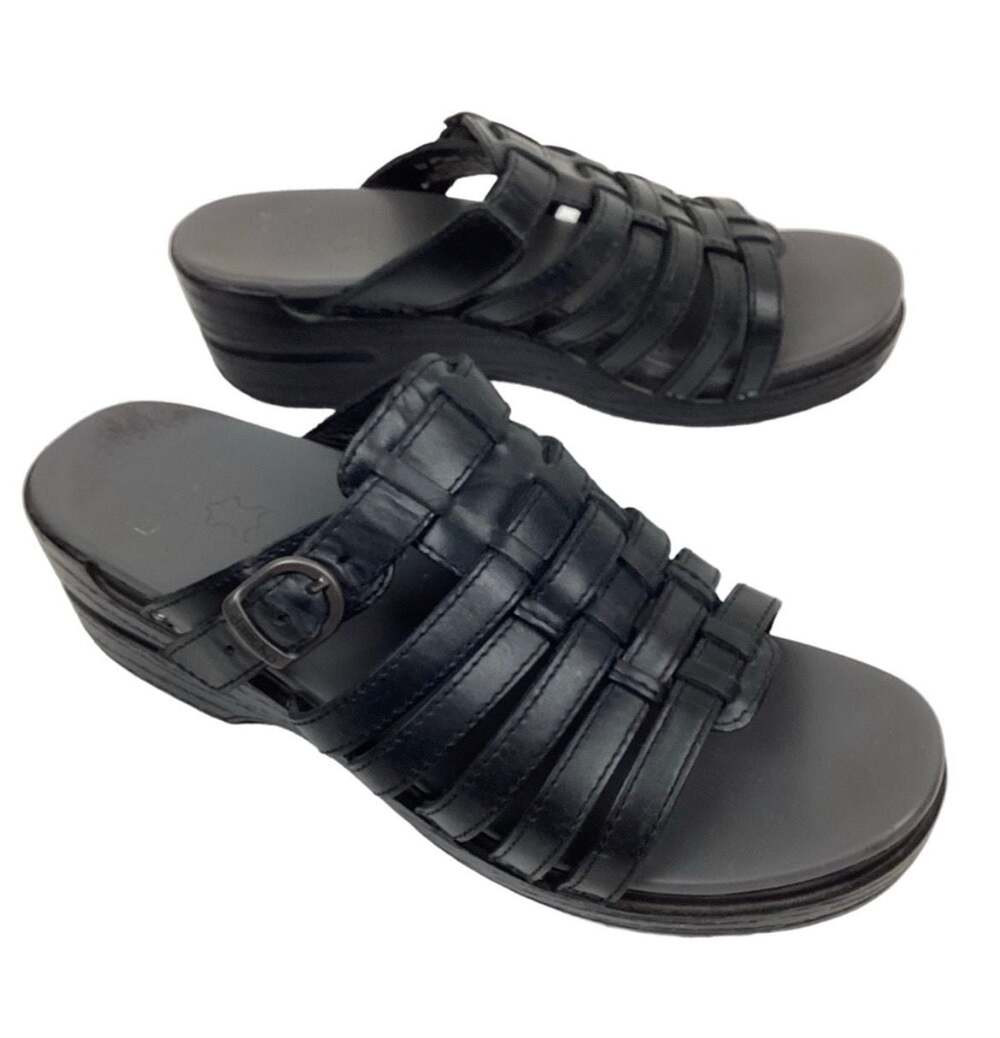 Dansko Black Leather Woven Wedge Marion Sandals Size 38  7-7.5 Women’s Comfort
